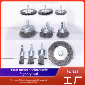 Toll alakú hatszögletű acéldrót kefefej csésze alakú fejjel, fúrógéphez és ferde csiszolóhoz, Ø38 mm, 6 mm tengelyátmérő, 5 mm vastagság.