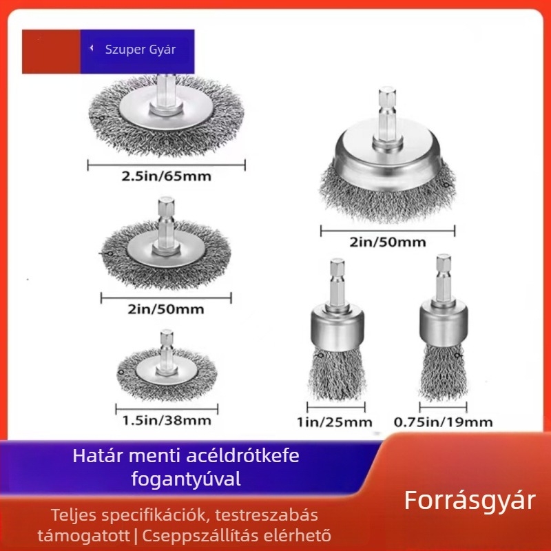 Toll alakú hatszögletű acéldrót kefefej csésze alakú fejjel, fúrógéphez és ferde csiszolóhoz, Ø38 mm, 6 mm tengelyátmérő, 5 mm vastagság.
