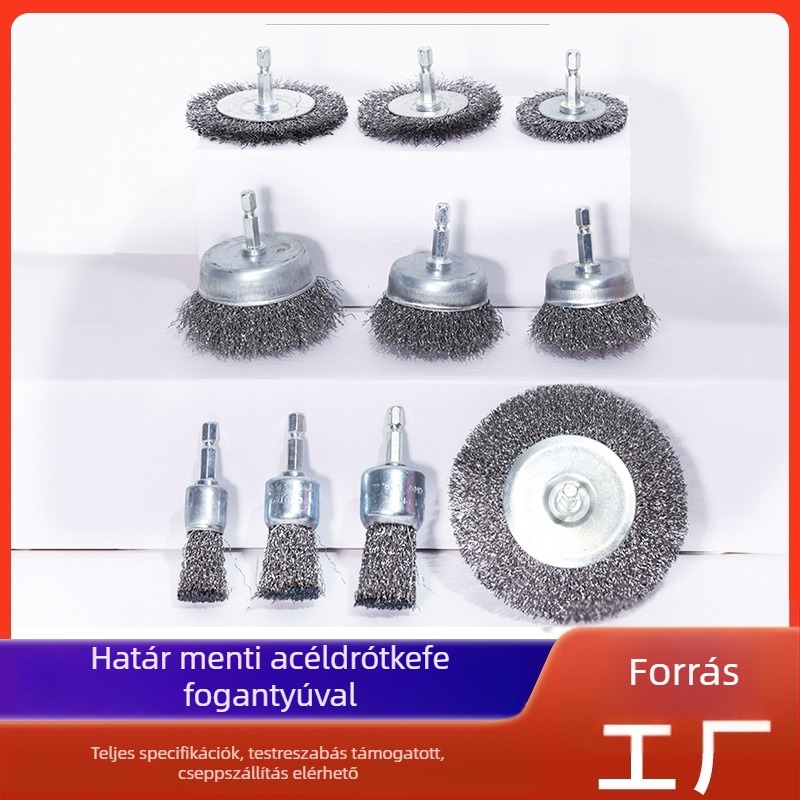 Toll alakú hatszögletű acéldrót kefefej csésze alakú fejjel, fúrógéphez és ferde csiszolóhoz, Ø38 mm, 6 mm tengelyátmérő, 5 mm vastagság.