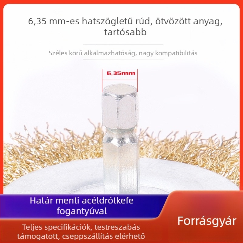 Toll alakú hatszögletű acéldrót kefefej csésze alakú fejjel, fúrógéphez és ferde csiszolóhoz, Ø38 mm, 6 mm tengelyátmérő, 5 mm vastagság.