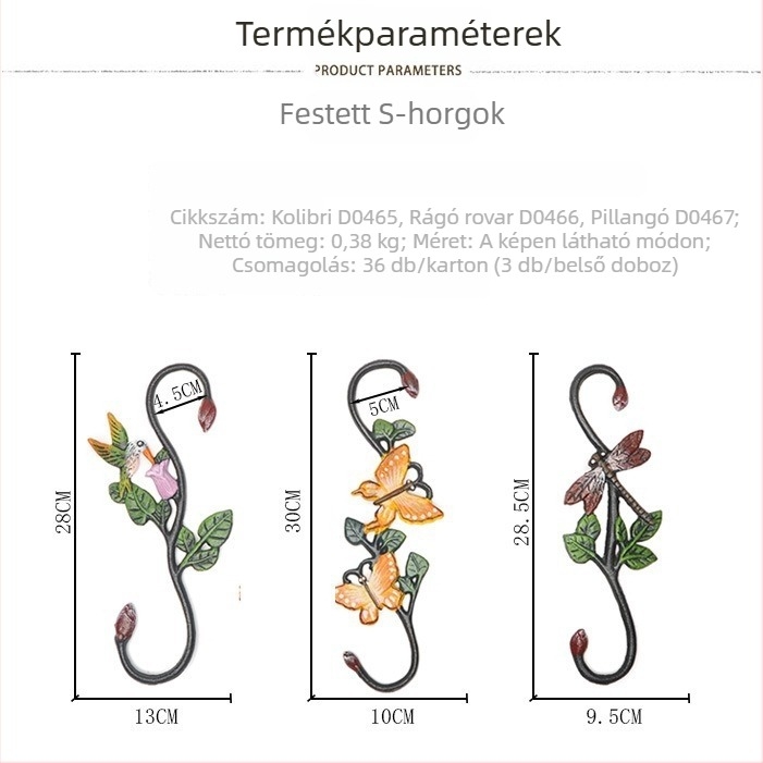 S alakú öntöttvas horog, állatmotívummal, kosár- és virágtartó felakasztására, kert dekoráció