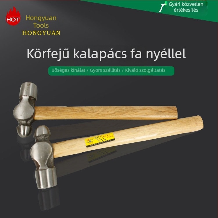Fa nyelű körfejű kalapács, magas széntartalmú acél, többfunkciós építő- és felújítási eszköz