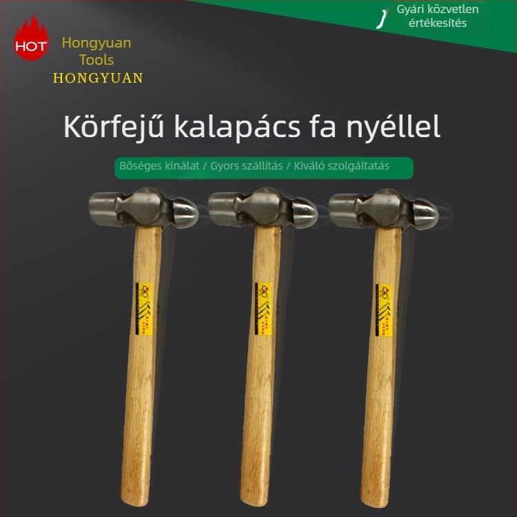 Fa nyelű körfejű kalapács, magas széntartalmú acél, többfunkciós építő- és felújítási eszköz