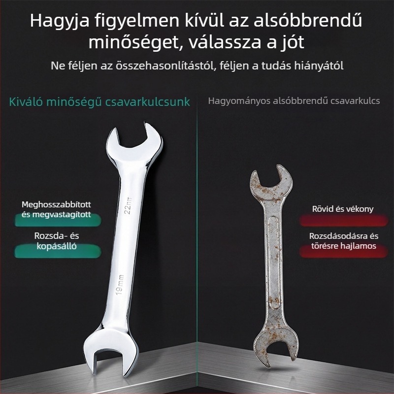 Nyitott végű csavarkulcs készlet, tükröződő felület, kettős végű, ipari minőségű krómozott kéziszerszámok