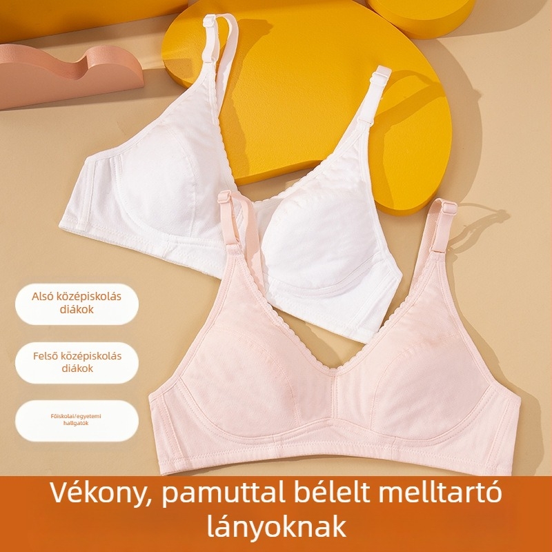 Hátrafelé záródó, kényelmes lánymelltartó, vékony párnázott, lélegző pamutkosarakkal, vékony vállpántokkal, középiskolások számára