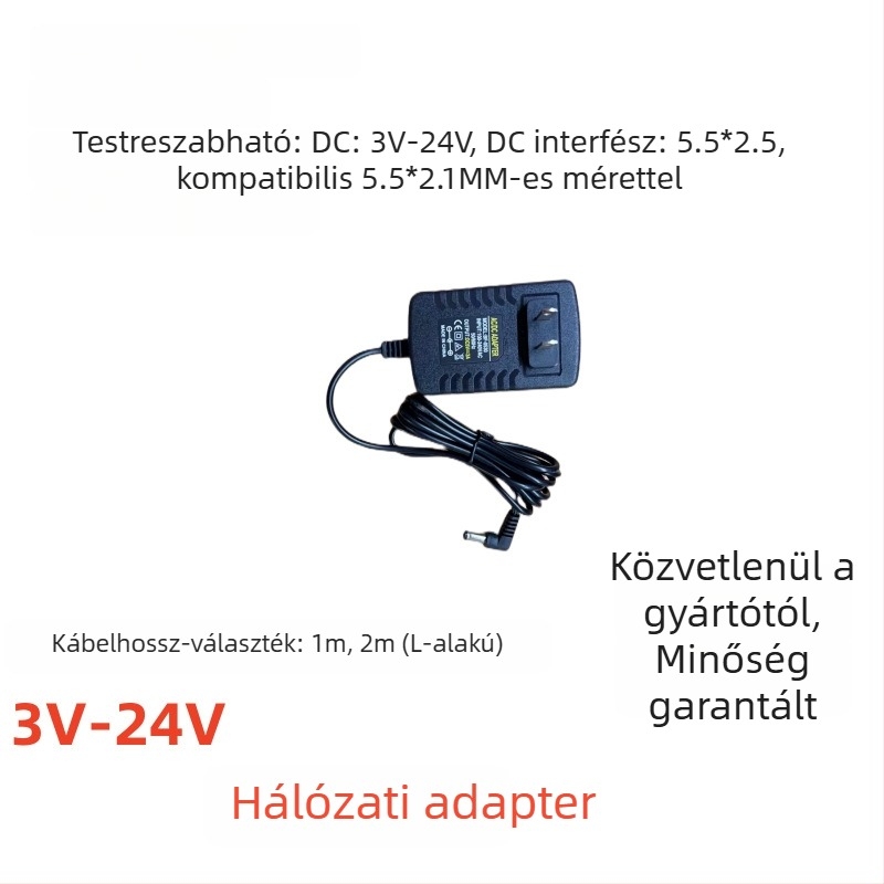 90 fokos tápegység 12V 2A routerhez, set-top boxhoz és LED-szalaghoz, 2 m és 1 m hosszabbító kábelekkel
