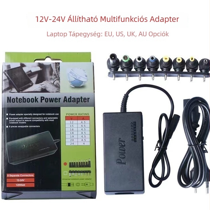 Laptophoz hétfokozatú feszültségállító tápegység, 12-24V, 96-120W