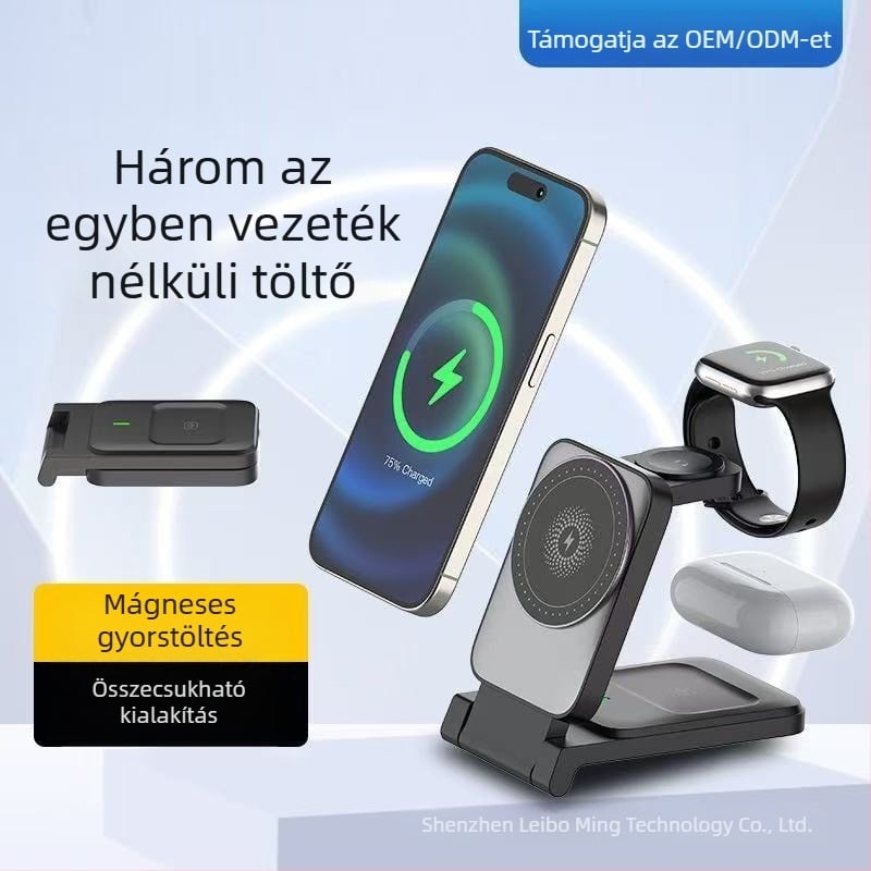 Mágneses összecsukható vezeték nélküli töltő, 3 az 1-ben telefonokhoz, fülhallgatókhoz és órákhoz