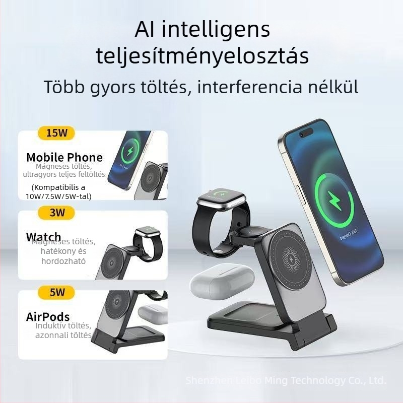 Mágneses összecsukható vezeték nélküli töltő, 3 az 1-ben telefonokhoz, fülhallgatókhoz és órákhoz