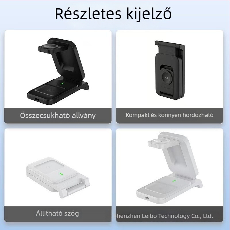 Mágneses összecsukható vezeték nélküli töltő, 3 az 1-ben telefonokhoz, fülhallgatókhoz és órákhoz