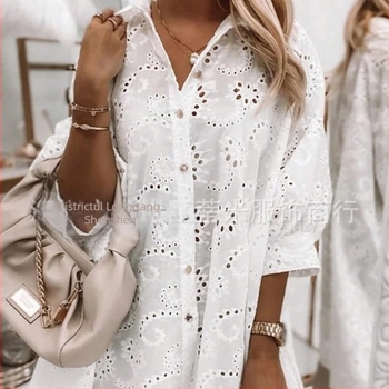 Rochie cămașă casuală cu dantelă goală, mărime plus, din dantelă europeană și americană 2025 Amazon Independent Station