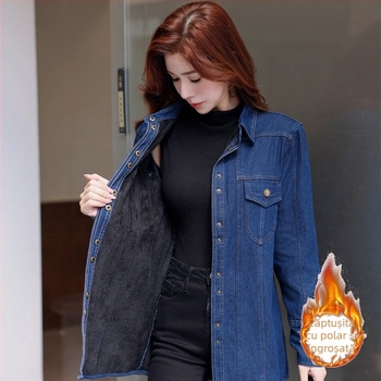 Cămașă din denim cu căptușeală din fleece, îngroșată, toamna și iarna 2024, nouă, lejeră, caldă, slăbită, de lungime medie, pentru femei