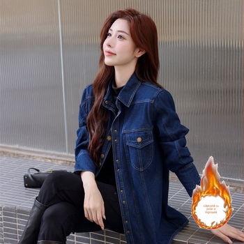 Cămașă din denim cu căptușeală din fleece, îngroșată, toamna și iarna 2024, nouă, lejeră, caldă, slăbită, de lungime medie, pentru femei