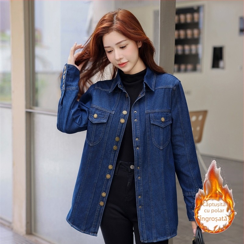 Cămașă din denim cu căptușeală din fleece, îngroșată, toamna și iarna 2024, nouă, lejeră, caldă, slăbită, de lungime medie, pentru femei
