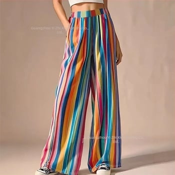 2025 Amazon New Striped European și American Women's Crossborder Pocket Pants Lejer Casual Wide Leg Pants