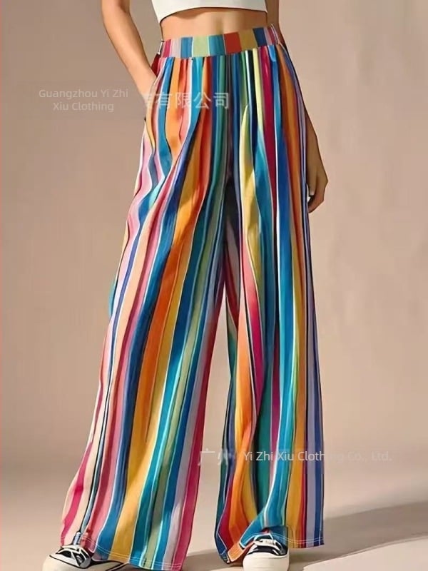 2025 Amazon New Striped European și American Women's Crossborder Pocket Pants Lejer Casual Wide Leg Pants