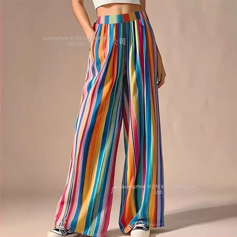 2025 Amazon New Striped European și American Women's Crossborder Pocket Pants Lejer Casual Wide Leg Pants