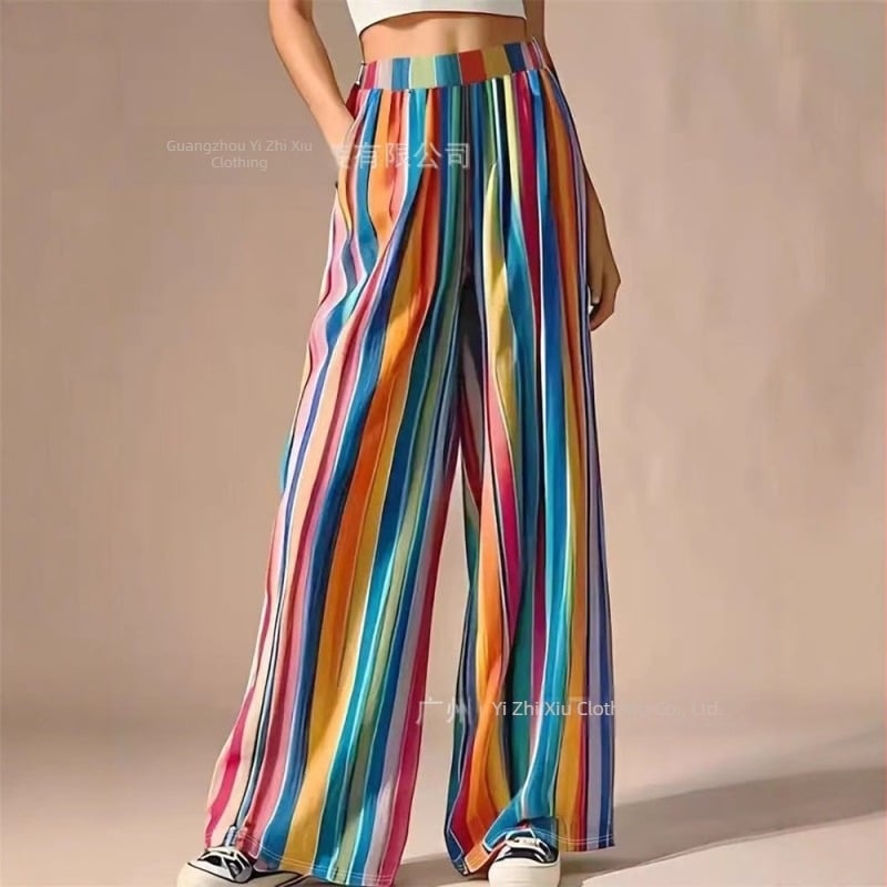 2025 Amazon New Striped European și American Women's Crossborder Pocket Pants Lejer Casual Wide Leg Pants
