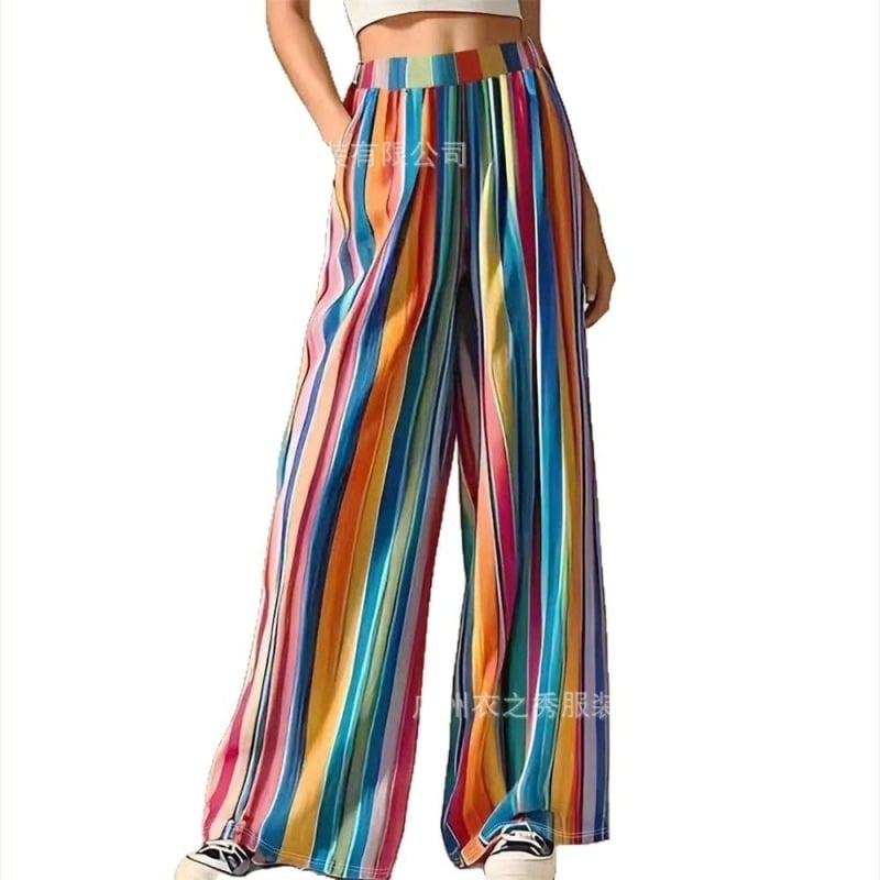 2025 Amazon New Striped European și American Women's Crossborder Pocket Pants Lejer Casual Wide Leg Pants