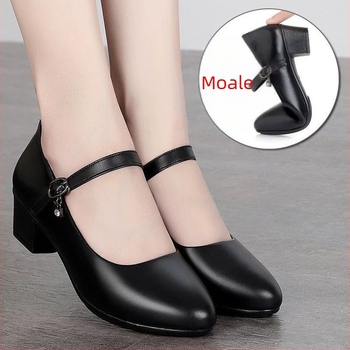 Pantofi de damă Cheongsam cu toc mediu, toc gros, impermeabili, cu platformă, pantofi de lucru cu cataramă, negri, pantofi profesionali, pantofi din piele pentru femei