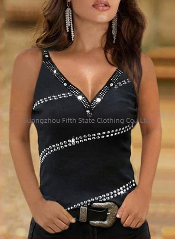 Vestă fără mâneci, cu decolteu în V, cu paiete, în culori solide, pentru femei, casual, din comerț exterior, europene și americane