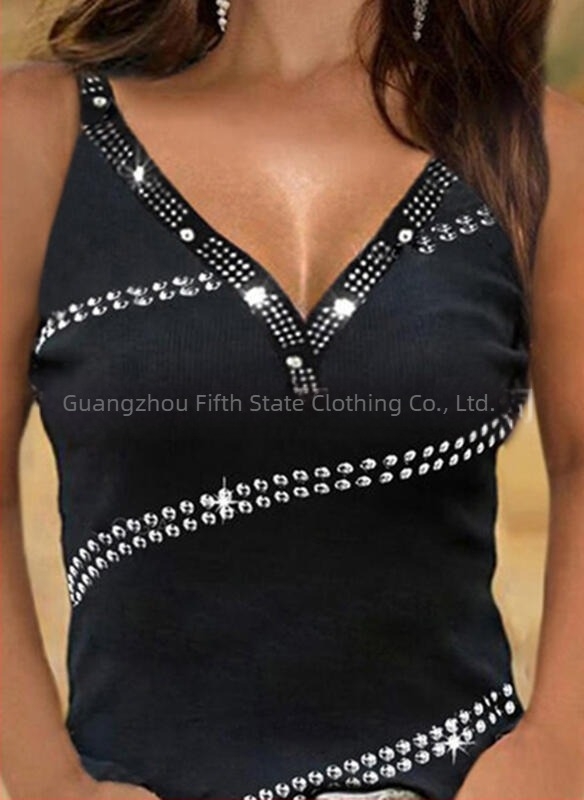 Vestă fără mâneci, cu decolteu în V, cu paiete, în culori solide, pentru femei, casual, din comerț exterior, europene și americane