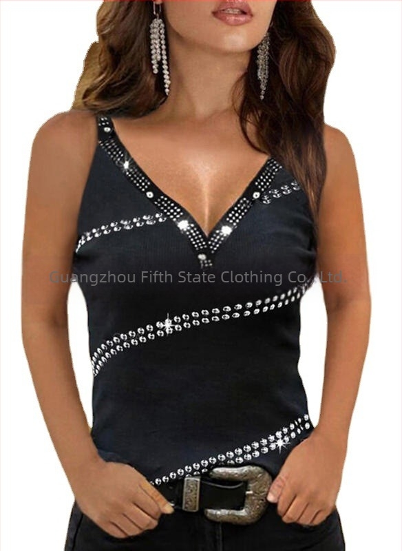 Vestă fără mâneci, cu decolteu în V, cu paiete, în culori solide, pentru femei, casual, din comerț exterior, europene și americane