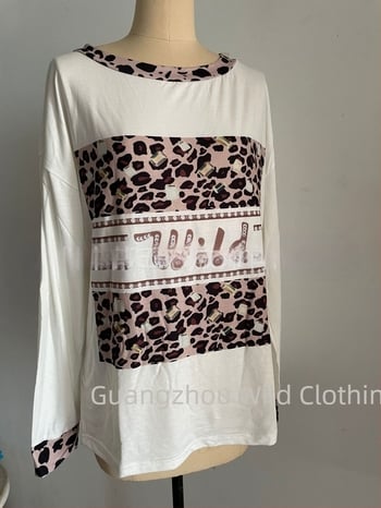 Femeii casual Loose tricotate cu mânecă lungă tricou european și american leopard print înfrumusețat rotund guler top