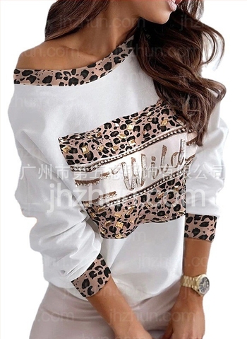 Femeii casual Loose tricotate cu mânecă lungă tricou european și american leopard print înfrumusețat rotund guler top