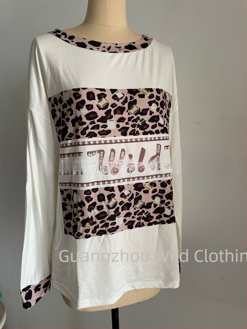 Femeii casual Loose tricotate cu mânecă lungă tricou european și american leopard print înfrumusețat rotund guler top