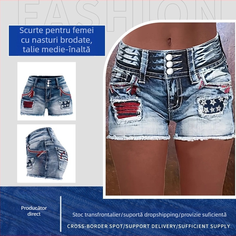 În stoc 2024 Vara Amazon Flag Nou Femei Sexy Spice Girls Night Shop Navel Denim Spălat cu Elastic Înalt