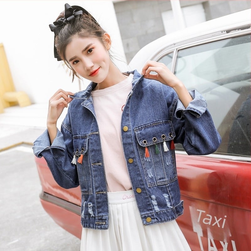 Jachetă denim cu buzunare cu ciucuri, jachetă scurtă din denim pentru femei, ruptă, lejeră, asortată, jachetă bf din denim, top la modă