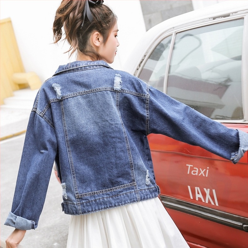 Jachetă denim cu buzunare cu ciucuri, jachetă scurtă din denim pentru femei, ruptă, lejeră, asortată, jachetă bf din denim, top la modă