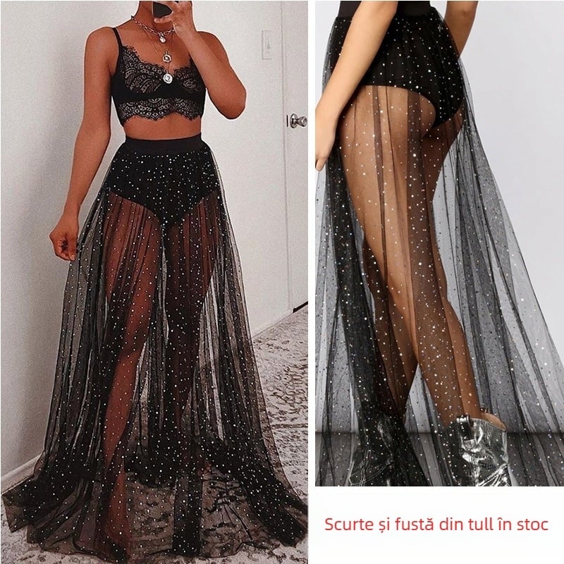 Îmbrăcăminte pentru femei Cross-Border 2024 Noua fustă lungă elegantă Amazon Sexy transparentă din plasă bronzantă cu tiv mare pentru femei