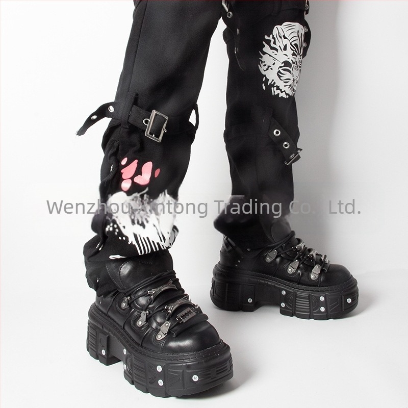 Pantofi sport vintage cu talpă înaltă din metal, talpă groasă, din piele, punk întuneric, cu platformă, pentru bărbați și femei