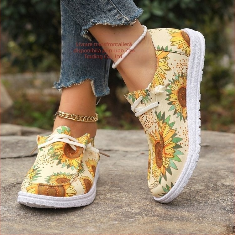 2024 Pantofi de pânză Four Seasons pentru femei, cu imprimeu de floarea-soarelui, pantofi casual europeni și americani colorati, en-gros
