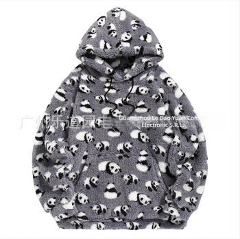 Hanorac cu mânecă lungă, cu buzunar și clapă, cu imprimeu aztec roșu panda, european și american transfrontalier, în culori contrastante, ultra-fin catifea austriacă, cu glugă