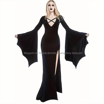 Rochie lungă europeană și americană de Halloween, cu decolteu adânc în V, geantă de performanță, șold divizat, fustă sexy cu coadă de pește, mânecă trompetă