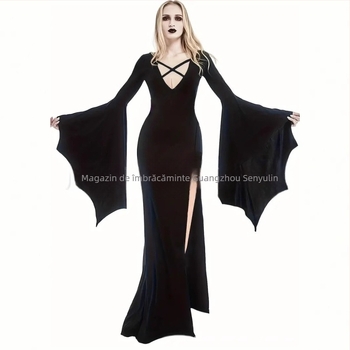 Rochie lungă europeană și americană de Halloween, cu decolteu adânc în V, geantă de performanță, șold divizat, fustă sexy cu coadă de pește, mânecă trompetă