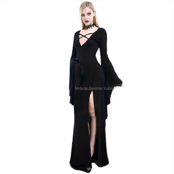 Rochie lungă europeană și americană de Halloween, cu decolteu adânc în V, geantă de performanță, șold divizat, fustă sexy cu coadă de pește, mânecă trompetă