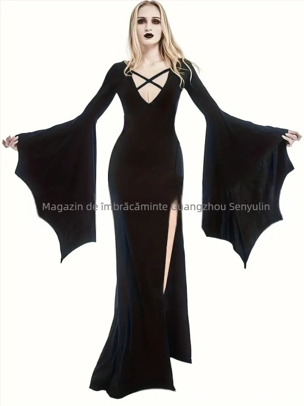 Rochie lungă europeană și americană de Halloween, cu decolteu adânc în V, geantă de performanță, șold divizat, fustă sexy cu coadă de pește, mânecă trompetă