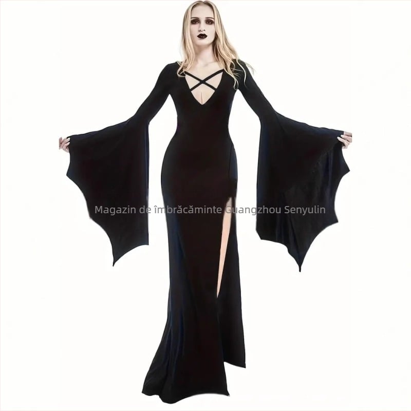 Rochie lungă europeană și americană de Halloween, cu decolteu adânc în V, geantă de performanță, șold divizat, fustă sexy cu coadă de pește, mânecă trompetă
