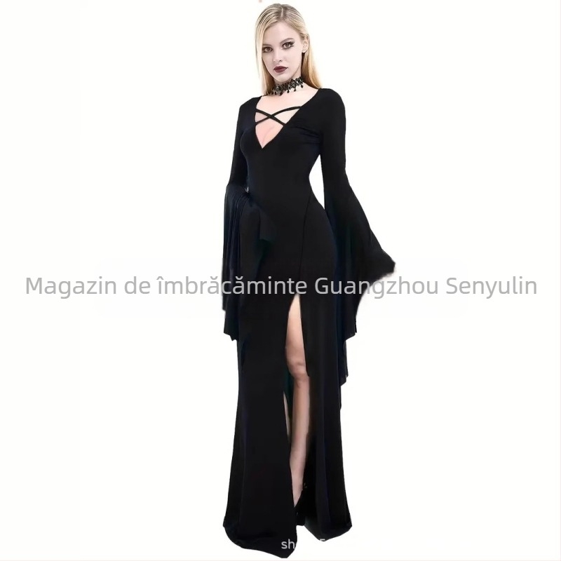 Rochie lungă europeană și americană de Halloween, cu decolteu adânc în V, geantă de performanță, șold divizat, fustă sexy cu coadă de pește, mânecă trompetă