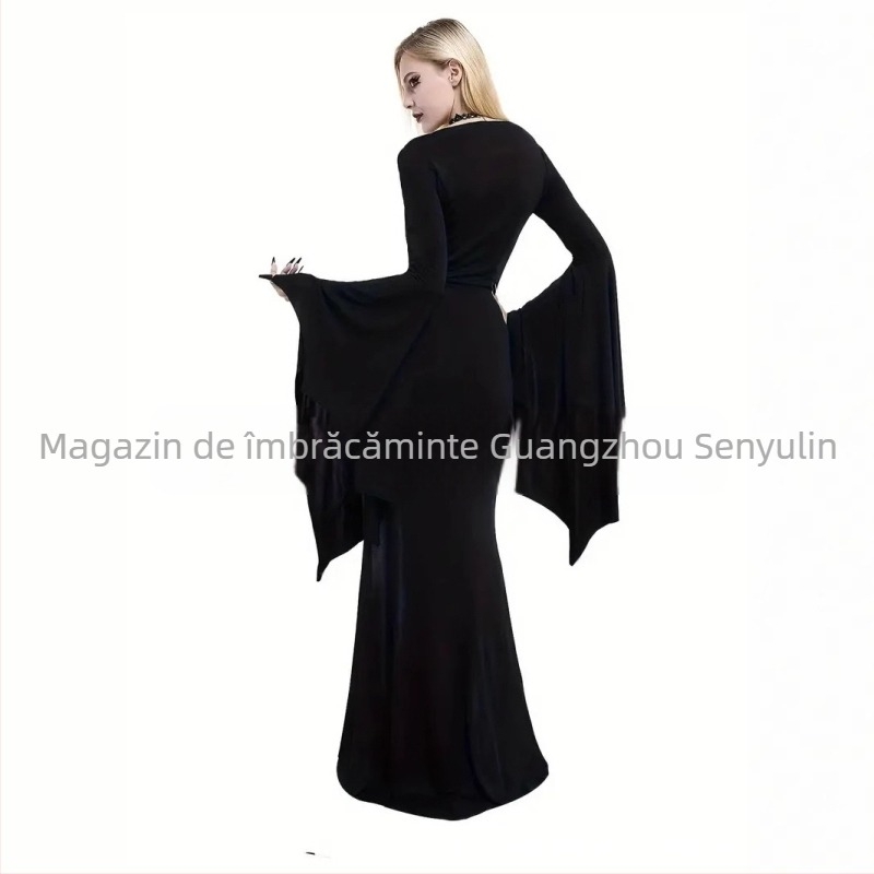 Rochie lungă europeană și americană de Halloween, cu decolteu adânc în V, geantă de performanță, șold divizat, fustă sexy cu coadă de pește, mânecă trompetă