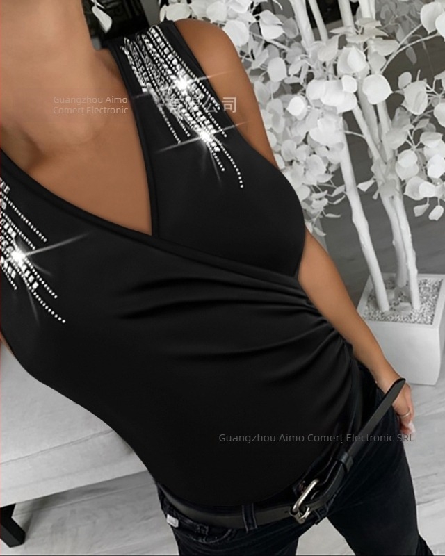 Top de toamnă și iarnă 2024, model nou, vânzare caldă, cu umeri goi, încrucișat, cu diamant, cu decolteu în V