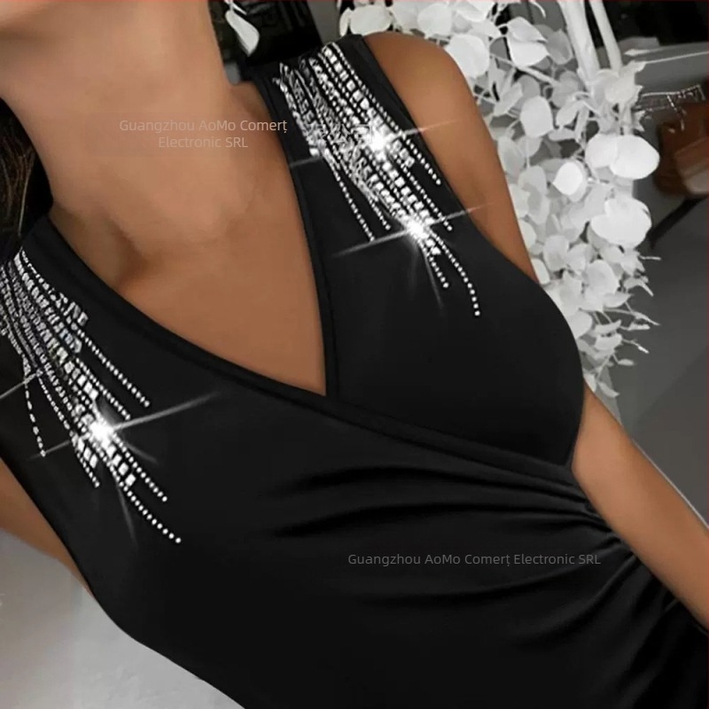 Top de toamnă și iarnă 2024, model nou, vânzare caldă, cu umeri goi, încrucișat, cu diamant, cu decolteu în V