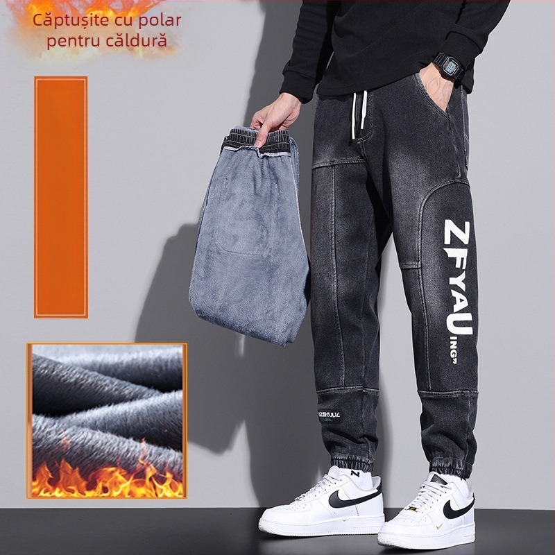 Blugi groși cu căptușeală din fleece pentru bărbați, talie elastică, legați la gleznă, la modă, pentru studenți, lejeri, îmbrăcăminte de lucru harem, pantaloni legați la gleznă