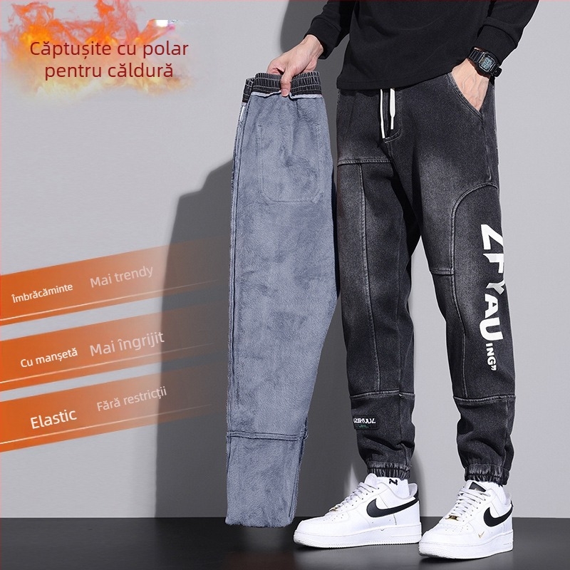 Blugi groși cu căptușeală din fleece pentru bărbați, talie elastică, legați la gleznă, la modă, pentru studenți, lejeri, îmbrăcăminte de lucru harem, pantaloni legați la gleznă