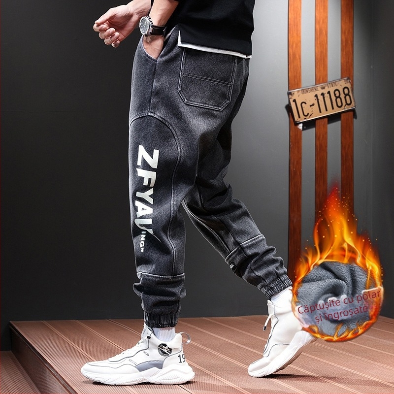 Blugi groși cu căptușeală din fleece pentru bărbați, talie elastică, legați la gleznă, la modă, pentru studenți, lejeri, îmbrăcăminte de lucru harem, pantaloni legați la gleznă