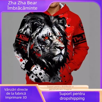 Temu Transfrontaliere Vânzare Fierbinte Primăvară & Toamnă Nou 3D Digital Blood Red Tiger Print Bărbați Moda Casual Hanorac cu Capăt